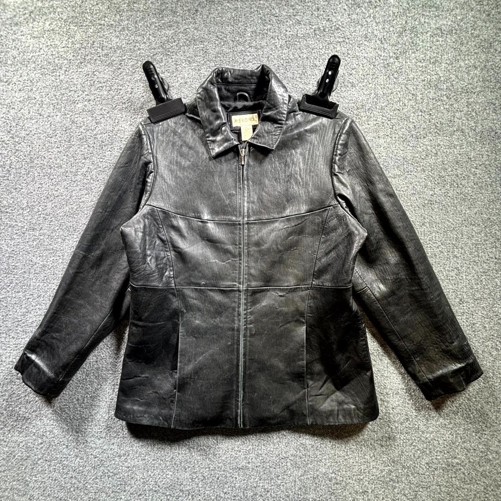 VTG Merona Genuine Leather Jacket Women's Large Black Lined Full Zip Streetwear